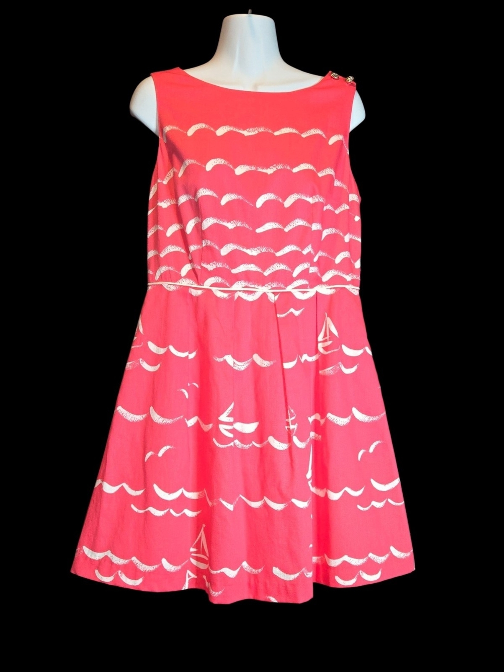 Talbots Coral Pink Nautical Wave Print Sleeveless Dress
